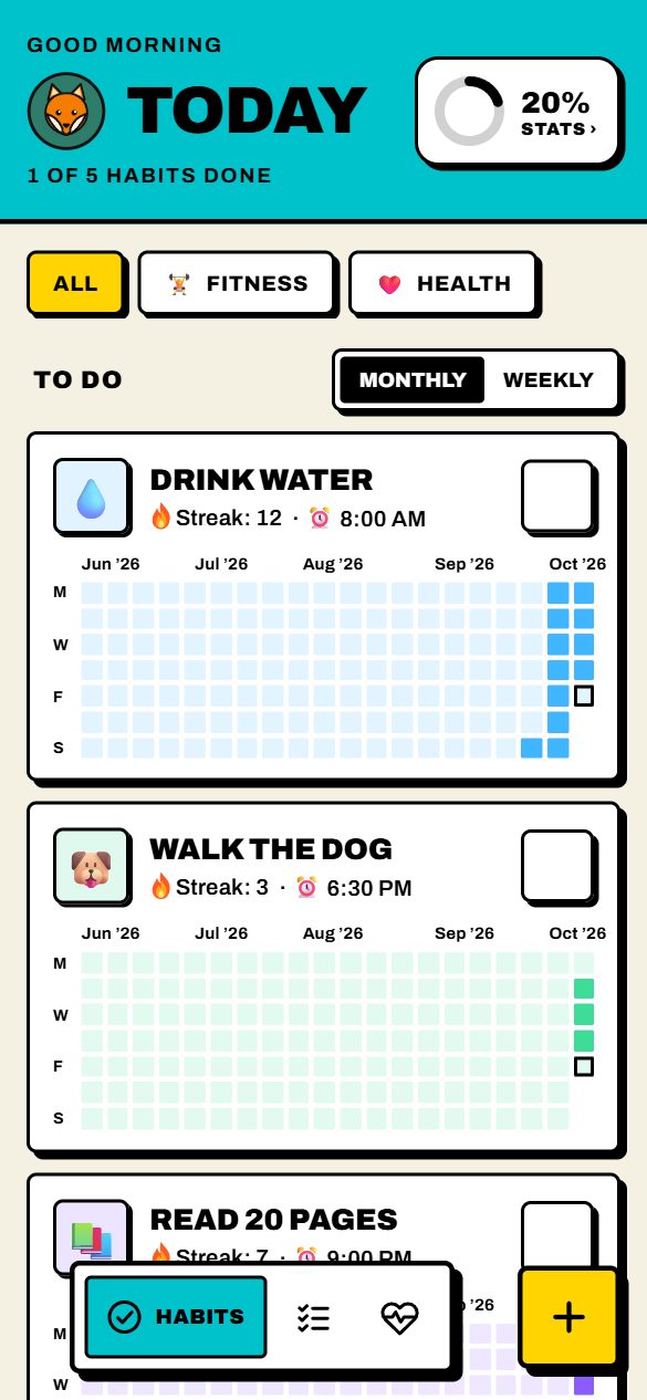 Torchday's Habits screen: today's habits with streaks and a month of ticks